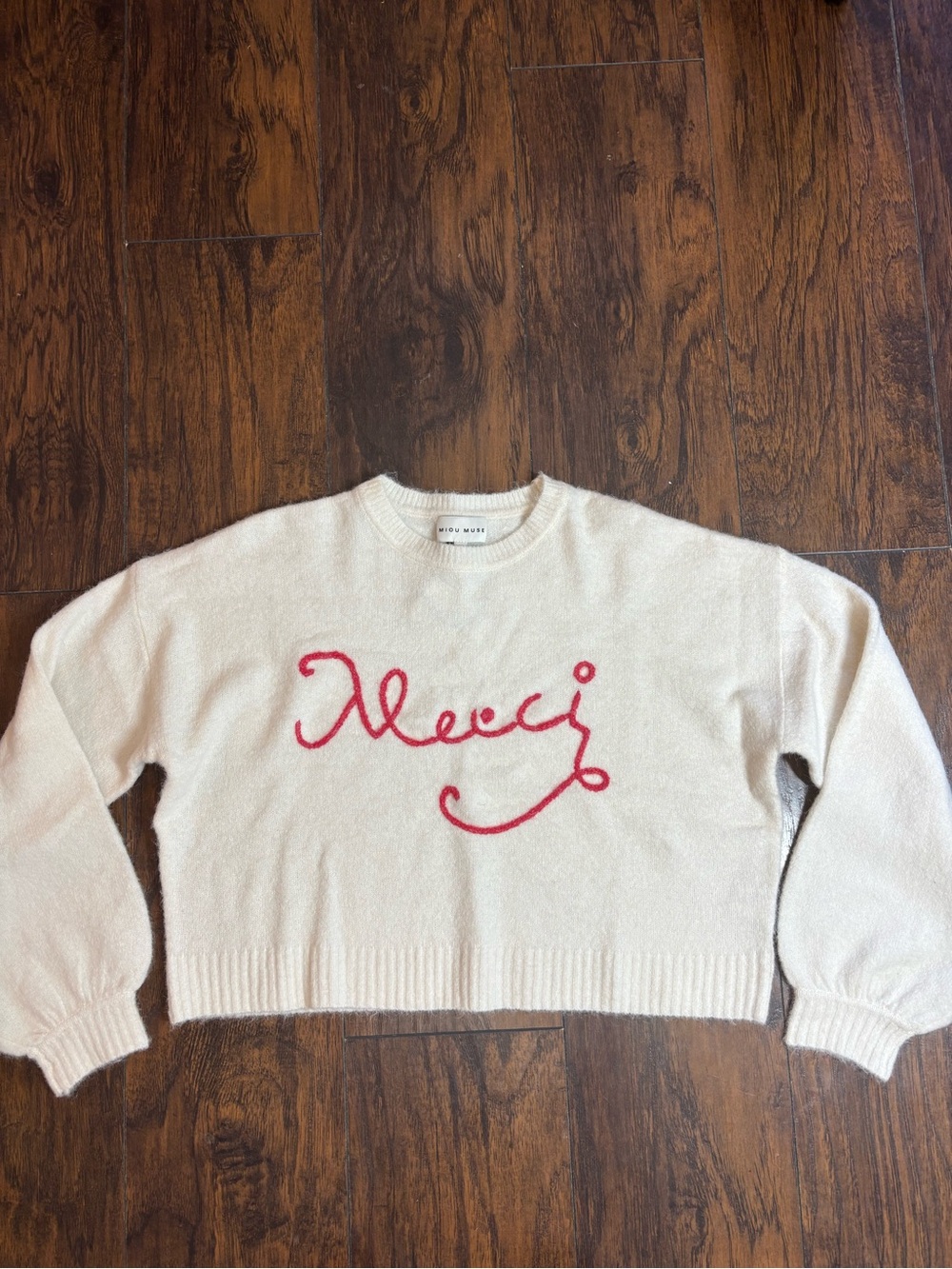 Women’s Miou Mise Cream Crewneck Sweater with Red 'Merci' Script Size Small